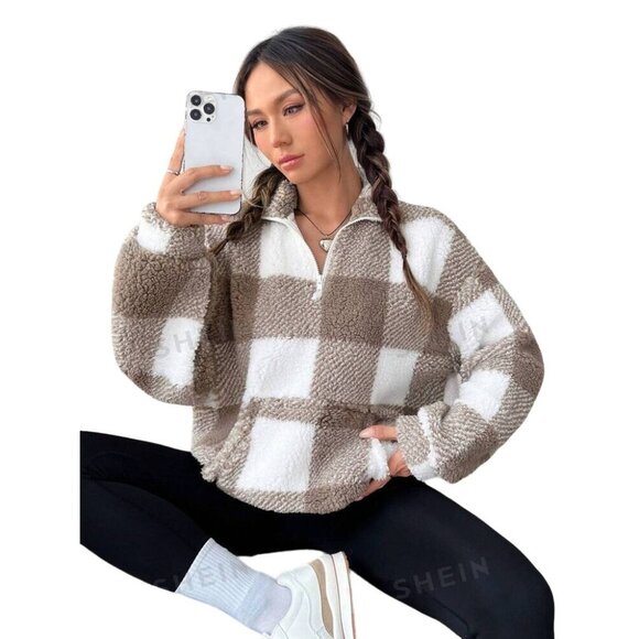 Cozy Shein Plaid Sherpa Fleece Pullover Sweater With Quarter Zip & Kangaroo Pock - Picture 1 of 11